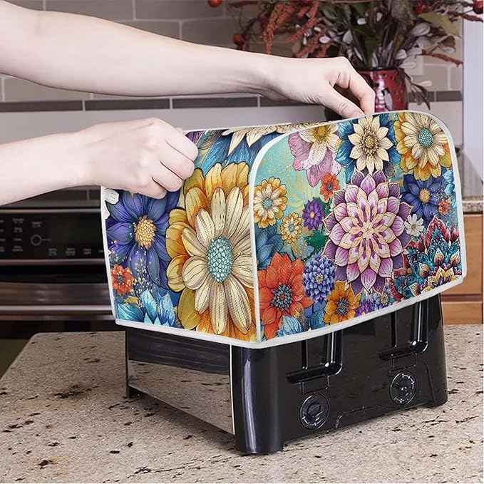 UNICEU Boho Flower Bright Blossom 2 Slice Quilted Toasters Cover, Dust-proof Toasters Cover Bread Maker Cover Kitchen Small Appliance Dust Cover