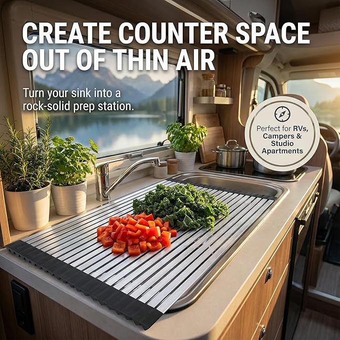 304 Stainless Steel Rollable Cutting Board – Space-Saving Over-the-Sink Workstation for RVs and Small Kitchens – Rust-Proof Heat Resistant Dishwasher Safe Non-Slip Multi-Use Prep Mat (20.6" L x 13" W)