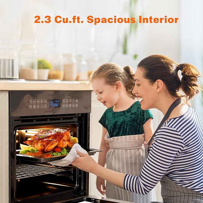 Empava 24 Inch Electric Single Wall Oven with 10 Cooking Modes, Convection Fan and Rotisserie, Screen Touch Control, Black Glass Door