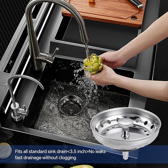 Sink Drain Strainer 2-Pack, 3-in-1 Kitchen Sink Stopper and Basket with Fine Mesh, Stainless Steel Drain Cover for Clog & Odor Prevention, Fit for Kitchen Bathroom Sinks (2 Pack) CAIPEN