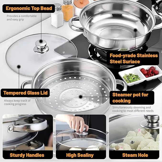 Steamer Pot Stainless Steel 2 Tier - 28cm Steamer Pot w/Glass Lid Food Veg Cooker Pot Cooking Pan Steaming Pot Dim Sum Cookware Steamer For Kitcken Cooking Tool