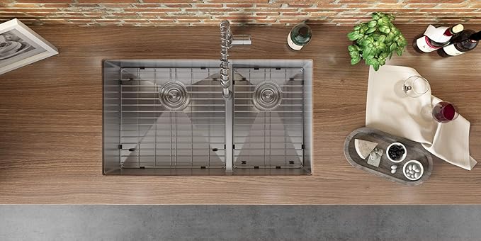 Ruvati 30-inch Low-Divide Rounded Corners Undermount Kitchen Sink - 60/40 Double Bowl Kitchen Sinks - 16 Gauge Stainless Steel Kitchen sink with Brushed Finish hides scratches - RVH7357
