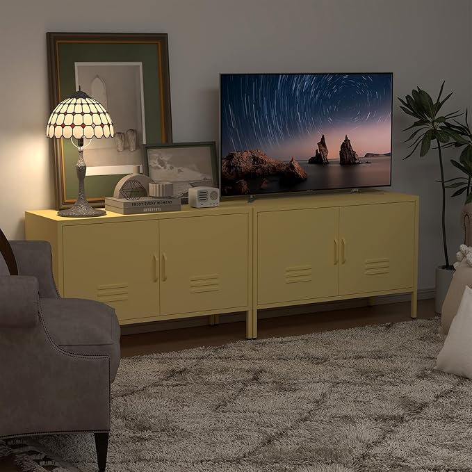 Storage Cabinet,Metal Cabinet with Doors,Morden TV Stands for Bedroom,Accent Cabinets for Bedroom,Entryway,Yellow
