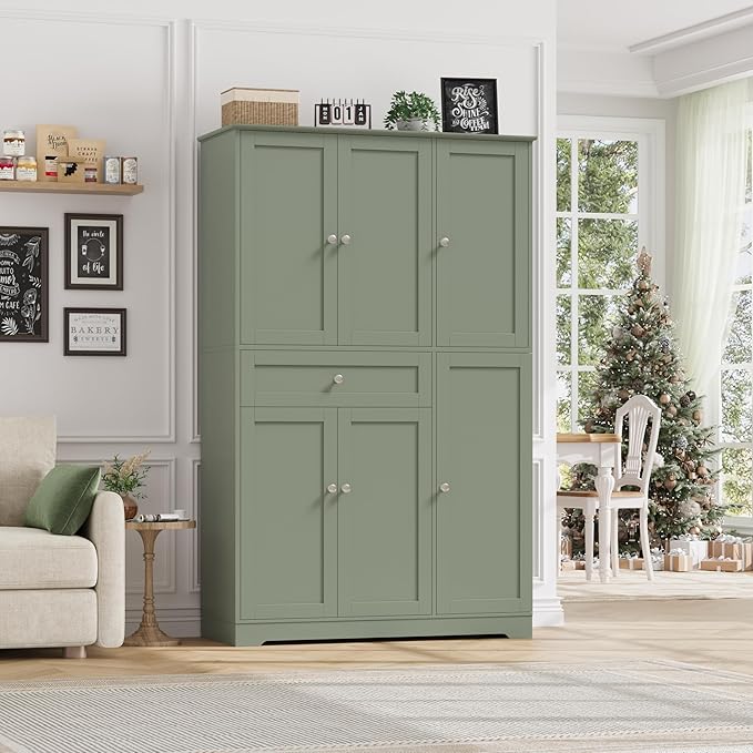 HOSTACK 68" Tall Kitchen Pantry Storage Cabinet, Modern Kitchen Hutch Cabinet with Doors and Shelves, Freestanding Food Pantry with Large Storage Drawer for Dining Room, Living Room, Green