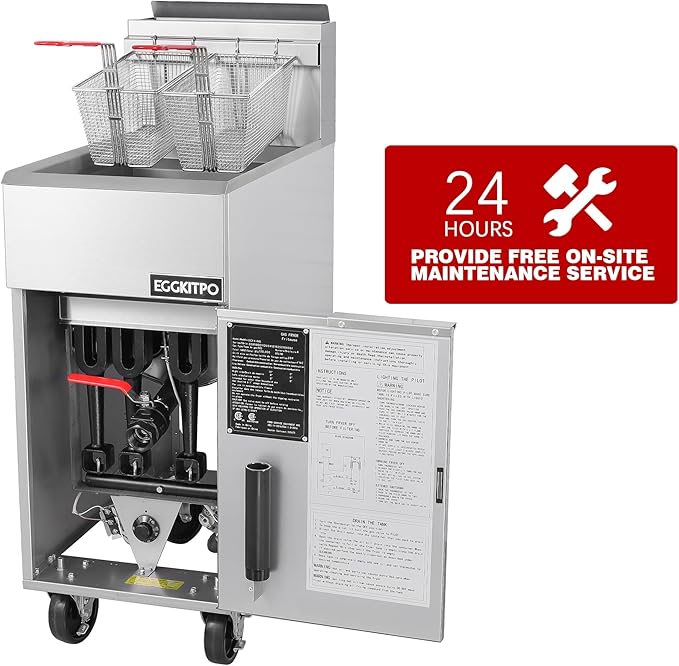 EGGKITPO Commercial Natural Gas Fryer 90,000 BTU Stainless Steel Floor Fryer with 40lbs Oil Capacity CSA Certified Deep Fryer with 2 Baskets and 3 Heating Tubes for Restaurants Food Truck Use