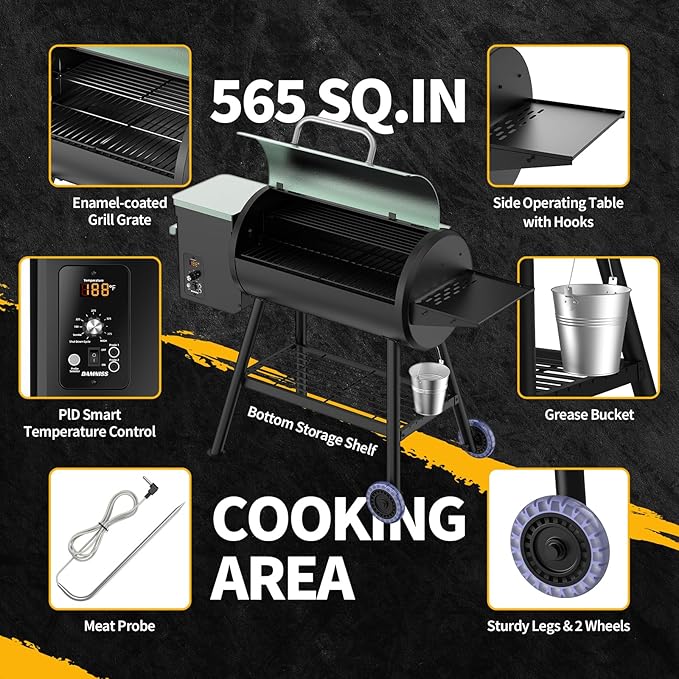 Electric Pellet Smoker Grill Combo 8 In 1 Wood Grill Smoker 456 Sq.In Cooking Area with Meat Probe & Side Table with Hooks PID Controller, Auto Temperature Control 500°F Max