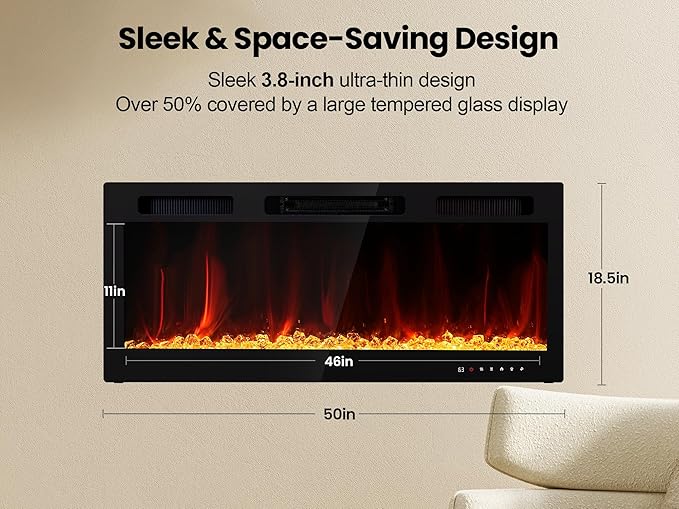 Electric Fireplace 50 Inch Wall Mount Insert Fireplaces Realsmart 1500W,Fit for 2 X 6 stub,Ultra-Thin Heater Ultra-Thin with 3 Heating Modes Timer 12 Adjustable Flame Colors Touch Remote Control