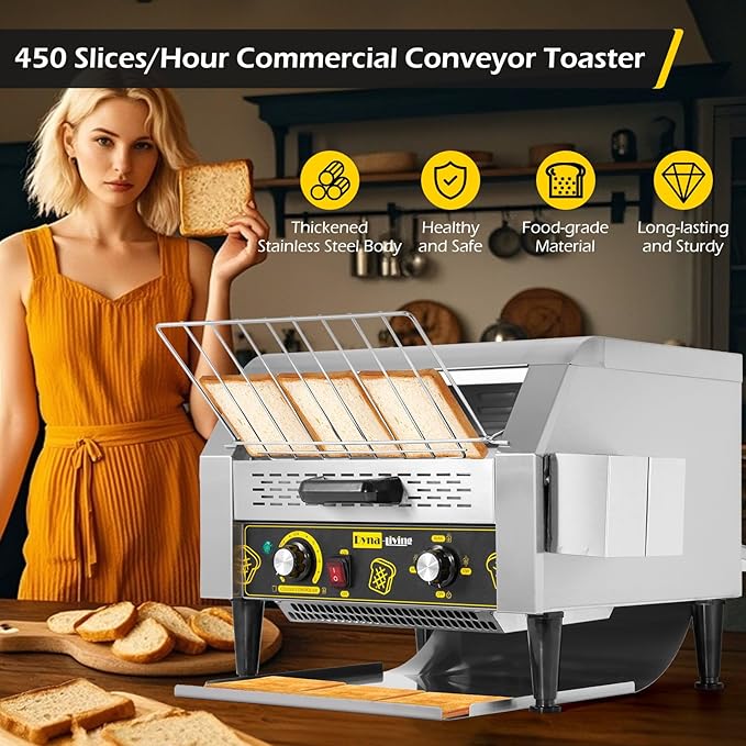 Dyna-Living Commercial Restaurant Toaster 450 Slices/H Conveyor Toaster Oven 1900W Rotating Toasters Heavy-duty Stainless Steel Commercial Conveyor Belt Toasters for Bun Bread