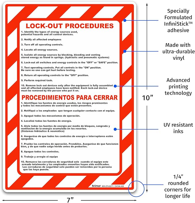 Brimar - 7 x 10" - Bilingual Lock Out Procedures Sign - 3.5 Mil InfiniStick™ Vinyl Label - Bilingual Design - Bold Text And Symbol