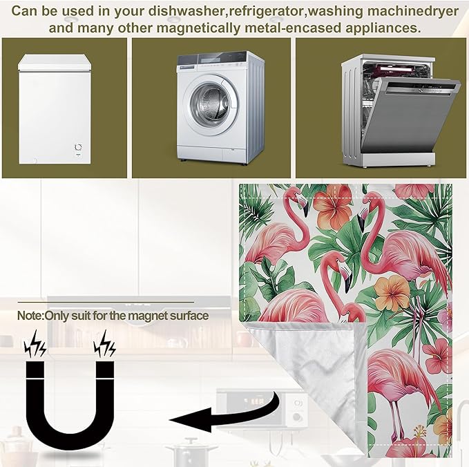 Pink Flamingo Magnetic Dishwasher Cover,Floral Plam Dishwasher Covers for The Front Magnetic Dishwasher Panel Decal Cover for Kitchen 23x26inch