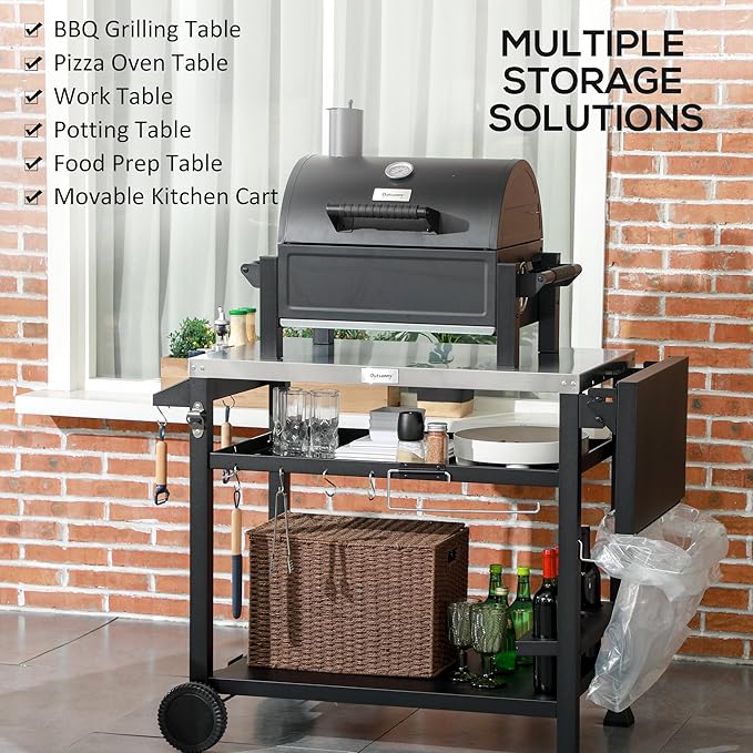 Outsunny Outdoor Grill Cart with Foldable Side Table, 46" x 21.75" Multifunctional Stainless Steel Pizza Oven Stand with Three-Shelf, Movable Food Prep Table on Wheels, Black