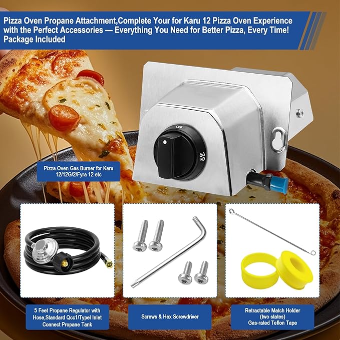 Pizza Oven Accessories, Pizza Oven Gas Burner Attachment, Outdoor Pizza Oven Accessory for Karu 12/12G/12-Inch Models Pizza Oven Propane Burner, Propane Conversion Kit with 5FT Hose & Regulator.