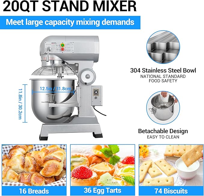 20 qt 1100W Commercial Food Mixer, Commercial mixer 3-Speed Adjustable Heavy Duty Stand Mixer with Stainless Steel Bowl for Bakery Pizzeria. (Stand)
