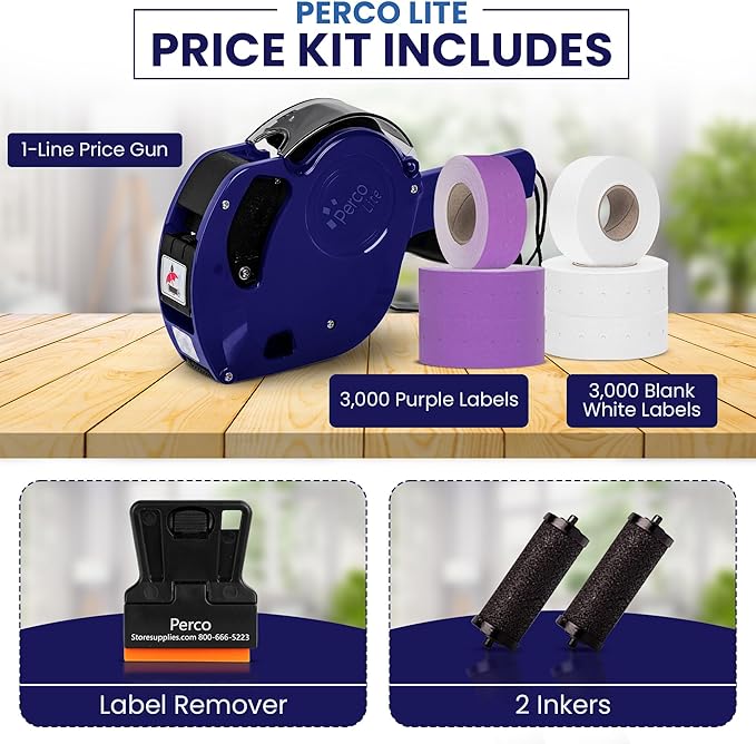 Perco Lite 1 Line Price Gun with Labels Kit - Includes 3 White Rolls, 3 Purple Rolls, 2 Ink Rollers, 1 Ink roll and Labels Pre-Loaded