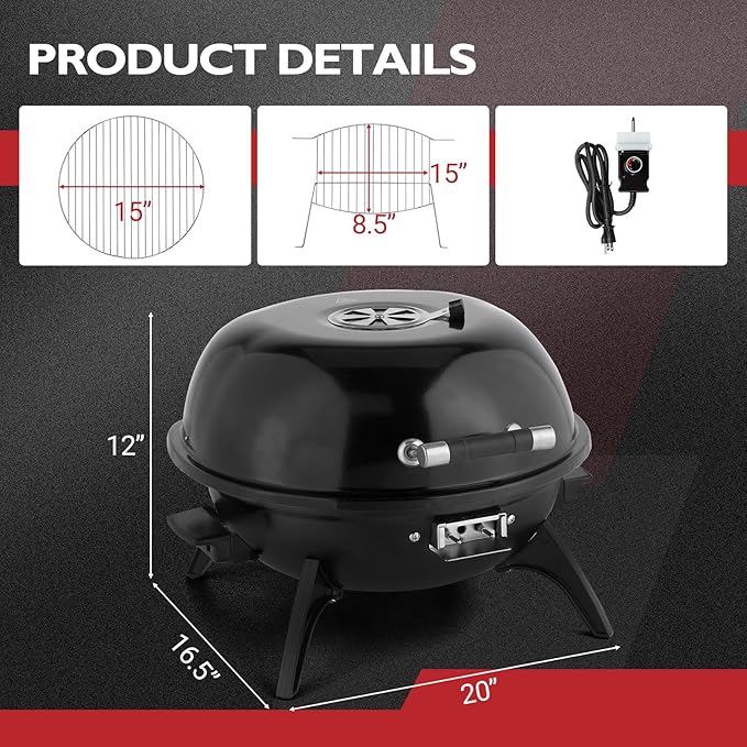 ROVSUN 1600W Tabletop Electric Grill with Temperature Control, Black 304 Stainless Steel Grill w/Double Layer Design, Portable & Removable, Small Stove for Indoor and Outdoor Use