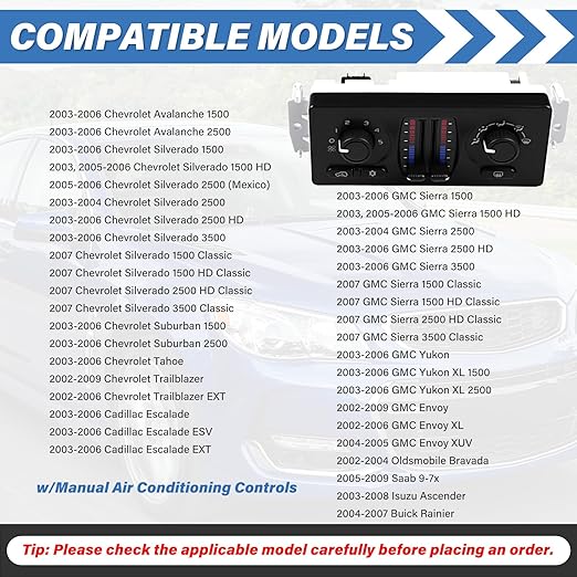 599-210XD A/C Heater Climate Control Module Panel Switch for 02-09 Chevy Silverado Suburban Tahoe Trailblazer Avalanche GMC Sierra Yukon Envoy Cadillac Escalade Saab Isuzu Buick Bravada, OE# 10370033