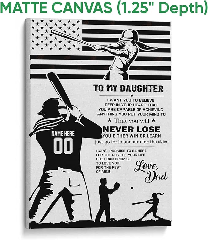 Custom Softball To My Daughter From Dad Sports Motivational Gift Personalized Name Number Poster & Framed Canvas, Wall Art Home Office Decoration Living Room Bedroom Aesthetic Decor
