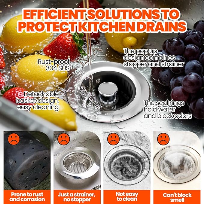 3 in 1 Kitchen Sink Drain Strainer & Sink Stopper Upgraded Stainless Steel Drain Plug with Anti-Clog Basket Drain Stopper Combo, Pop Up Sink Stopper for Standard 3-1/2''