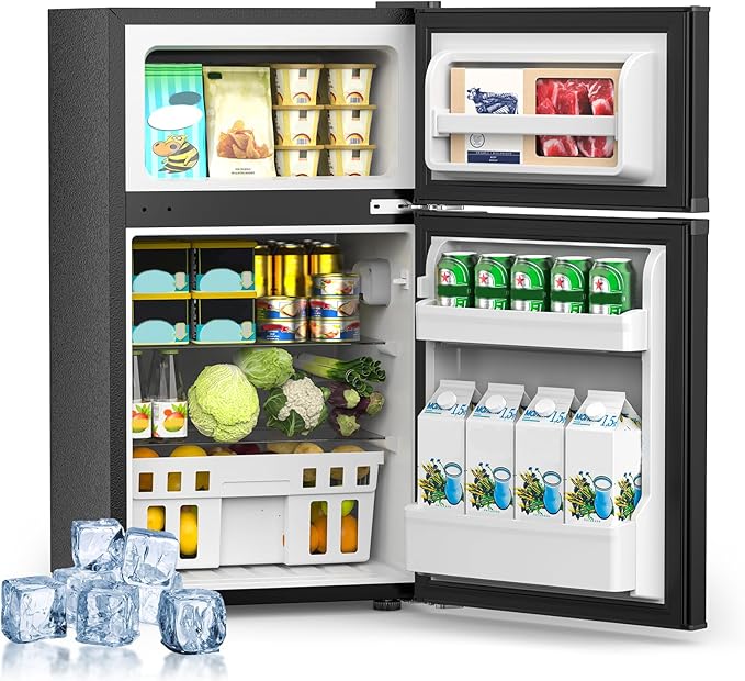 Mini Fridge with Freezer, 3.2 Cu.Ft Compact Refrigerator with 2 Doors, Small Fridge with Adjustable Thermostat & Removable Glass Shelves for Bedroom, Office, Dorm, or Apartment, Black