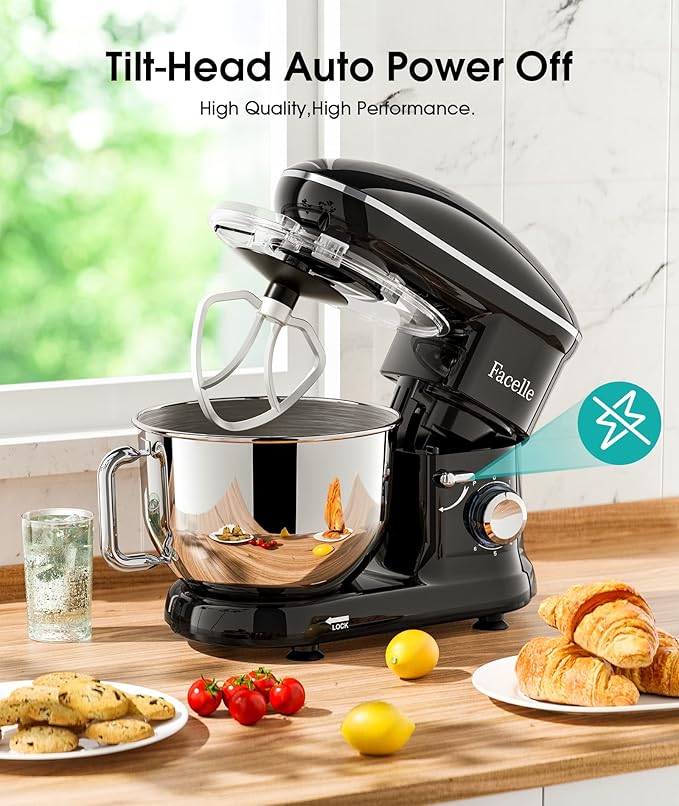 Facelle Stand Mixer, Electric Kitchen Mixer, 660W 6 Speed Tilt-Head stand mixer with Pulse, Attachments include 6.5QT Bowl, Dishwasher Safe Beater,Dough Hook,Whisk for Dough,Baking,Cakes,Cookie-Black
