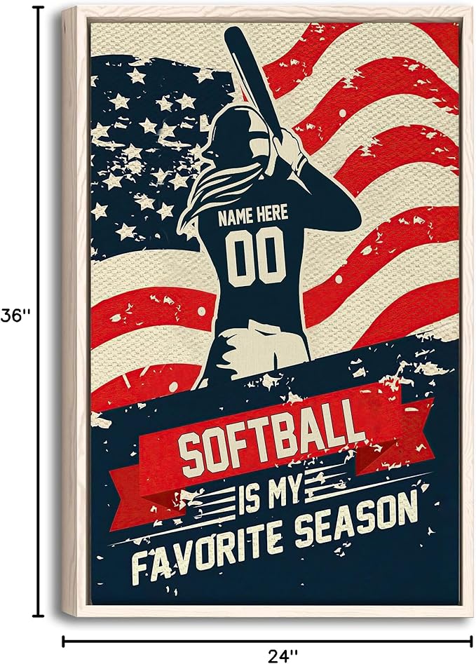 Personalized Softball Poster & Framed Canvas, Softball Is My Favorite Season Home Office Decor, Custom Name Number Bedroom Living Room Aesthetic Wall Art Gift For Girl, Daughter