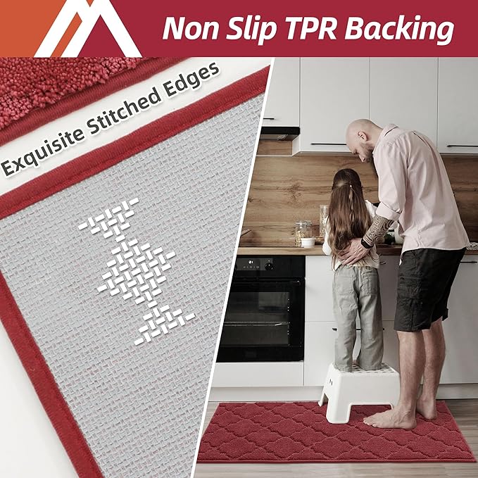 COSY HOMEER Soft Kitchen Rugs [2 PCS] for in Front of Sink Super Absorbent Kitchen Floor Mats and Mats 20x30 Inch/20X48 Non-Skid Kitchen Mat Standing Mat Washable,Polyester,Red