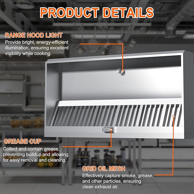 Low Profile Exhaust Hood System Includes a 6FT Stainless Steel Commercial Exhaust Hood and an 1HP Restaurant Canopy Hood Grease Rated Exhaust Fan