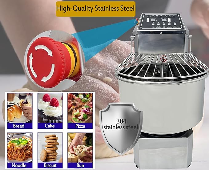 TECHTONGDA Commercial Dough Mixer Food Mixer with Time Setting, 40L Stainless Steel Stand Mixer for Bakery, Pizzerias & Kitchens, Heavy Duty Pizza & Bread Dough Mixer with Double Action, Double Speed