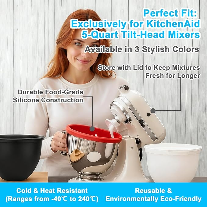 Silicone Bowl Insert Compatible with 5 Qt KitchenAid Tilt-Head Mixer, Food-Grade Non-Slip Bowl Liner, Dishwasher Safe & Easy to Clean Replacement Accessory (Black)