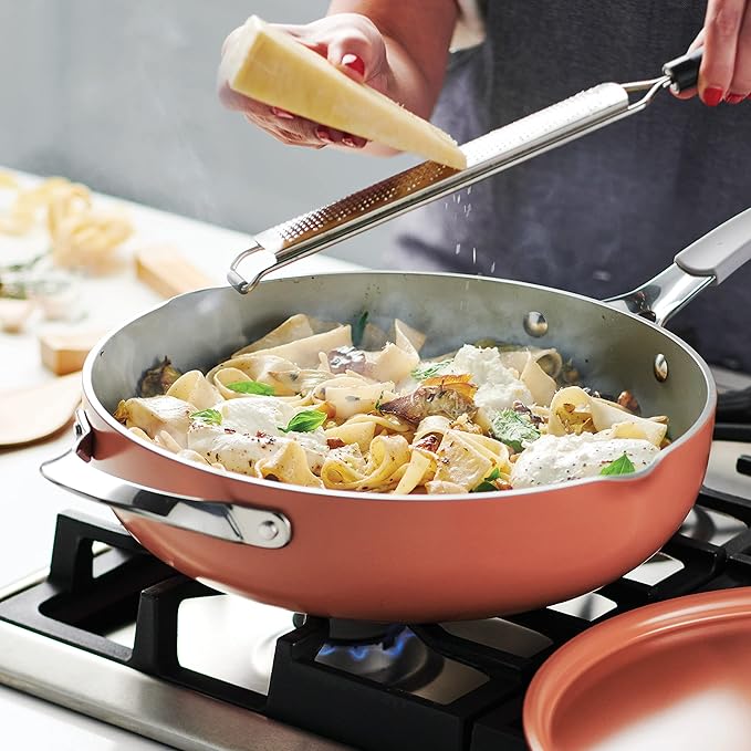 Tramontina All-in-One Plus Pan Set, 5-Quart Ceramic Non Stick Cooking Pan with Lid, Steamer Insert, Bamboo Utensil and Trivet, Orange
