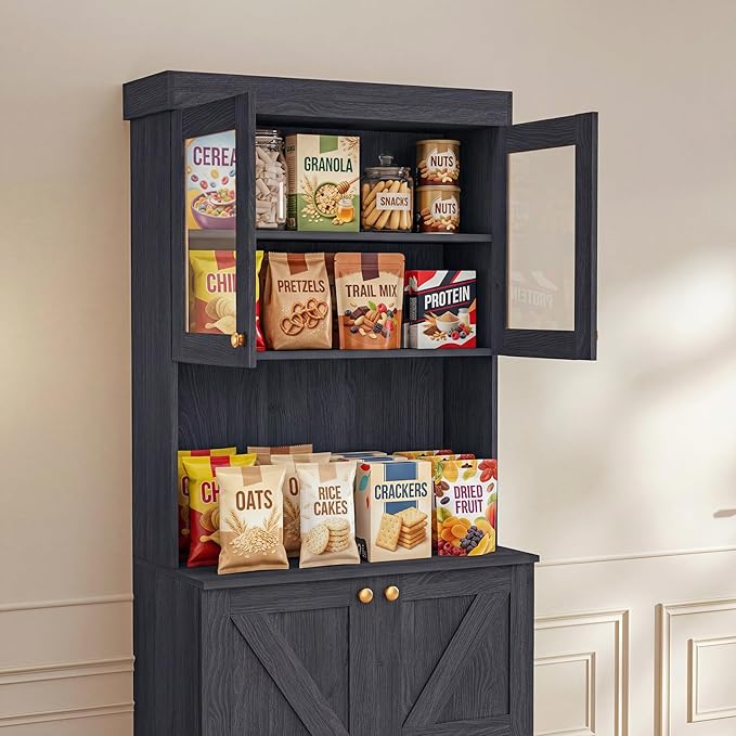 Vyre 71" Farmhouse Kitchen Pantry Cabinet Set of 3, Black Freestanding Coffee Bar Hutch with Glass Doors & Adjustable Shelves, Large Storage Cabinet with Microwave Stand for Living Room & Kitchen