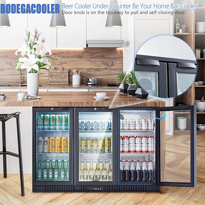 BODEGA BODEGACOOLER Commercial Bar Cooler With 3 Glass Doors,11.4 Cu.Ft Under Counter Beverage Refrigerator,Back Bar Refrigerator,Commercial Display Drink Fridge,LED Lighting Beer Wine Soda Drinks