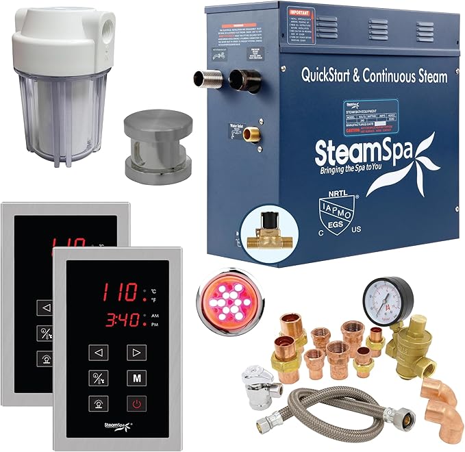 SteamSpa Executive 7.5 KW QuickStart ACU-Steam Bath Generator Package with Built-in Auto Drain in Brushed Nickel | Steam Generator Kit with Dual Control Panel Steamhead 240V | EXT750BN-A