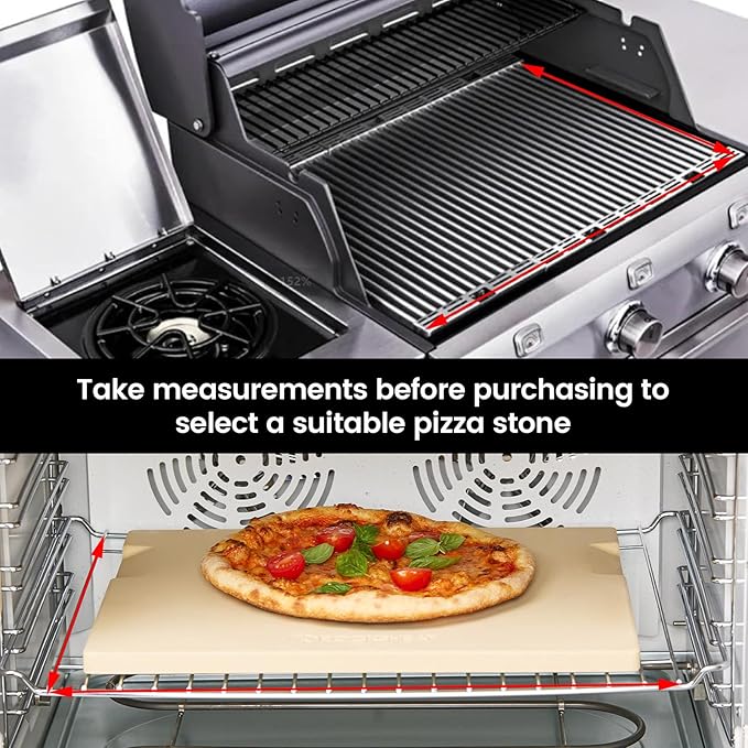 Pizza Stone 15x12 Inch Rectangular, Cordierite Baking Stone for Oven Grill BBQ, Crack Resistant with 4 Built-in Handles for Crispy Crust Bread Cookies