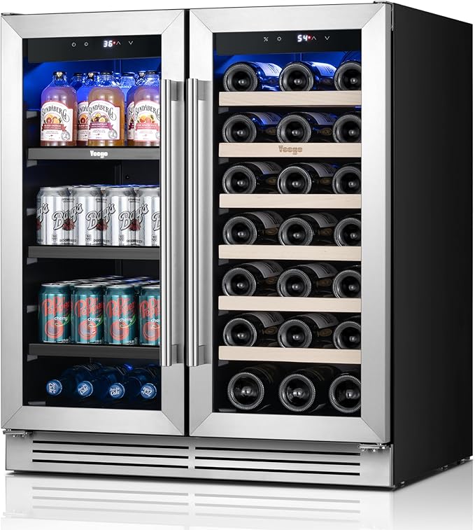 Yeego 24 Inch Wine and Beverage Refrigerator - 80 Cans & 33 Bottles Wine Fridge with Glass Door, 36-72°F Built-In or Freestanding Dual Zone Wine Cooler for Kitchen Bar Office Beer Soda Drink