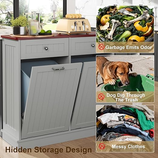 Tilt Out Trash Can Cabinet with Double Hidden Can Holder, Kitchen Free Standing Recycling Cabinet, Dog Proof, Wood, Gray
