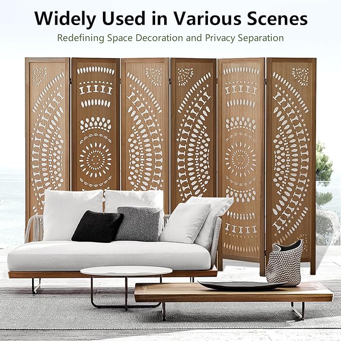 6 Panel Room Divider Wood Carved Room Divider Folding Privacy Screen with Double Hinges, Free Assembled Portable Partition Screen Divider for Room Separation Home Office Restaurant - Brown