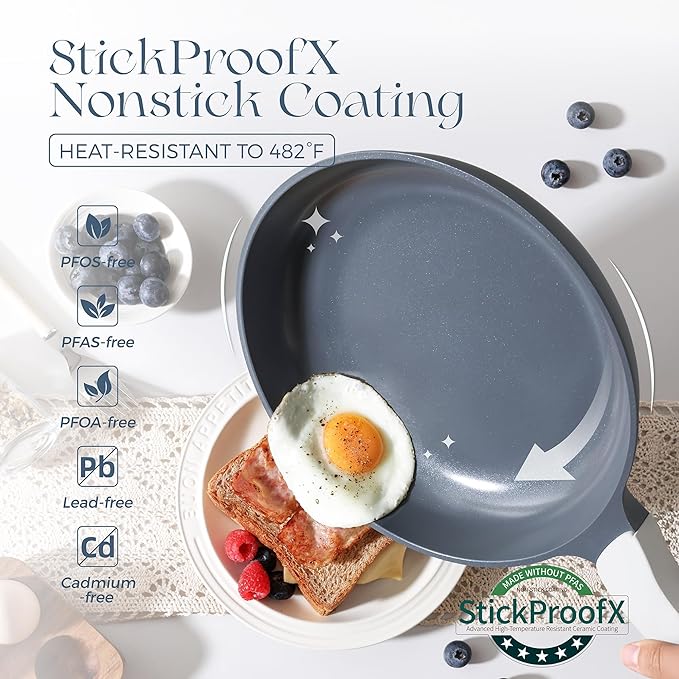 PRICUSIS Nonstick Ceramic Frying Pan Skillet, 8 Inch Induction Compatible with Stay Cool Handle, Healthy PTFE PFAS & PFOA Free Omelet Pan, Dishwasher Safe (Blueberry Gray)
