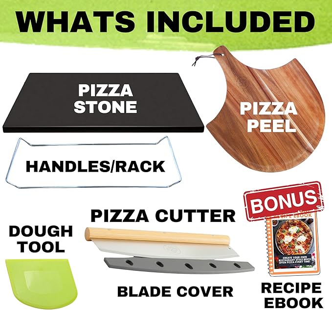 Easy Clean, Non Stick Ceramic Pizza Stone - Pizza Stones for Grill with Handles, Pizza Peel, Pizza Cutter, Dough Tool - Bread Baking Stone - 15 inch Ceramic Pizza Pan - Pizza Oven Accessories Kit
