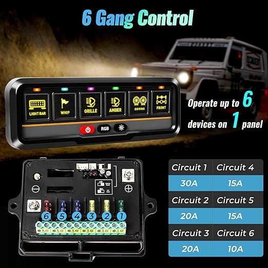 6 Gang Switch Panel Universal Circuit Control Relay System Automatic Dimmable LED Switch Pod Bluetooth APP & Touch Control Panel Switch Box for Car Truck Pickup Boat UTV SUV