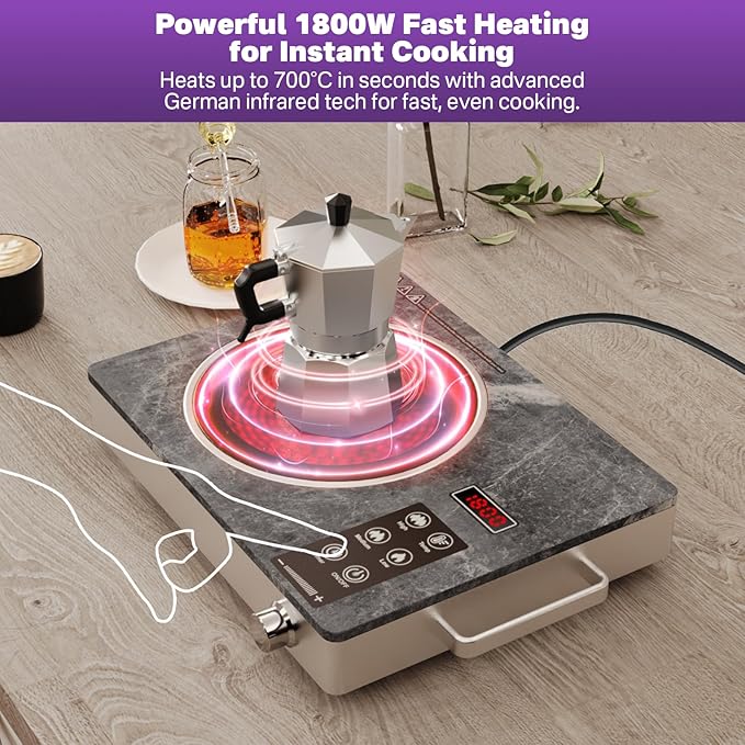 Portable Electric Stove 1800W, Single Burner Ceramic Hot Plate with Touch & Knob Control, Marble Glass Cooktop with Handles, Plug-in Infrared Cooktop for All Cookware