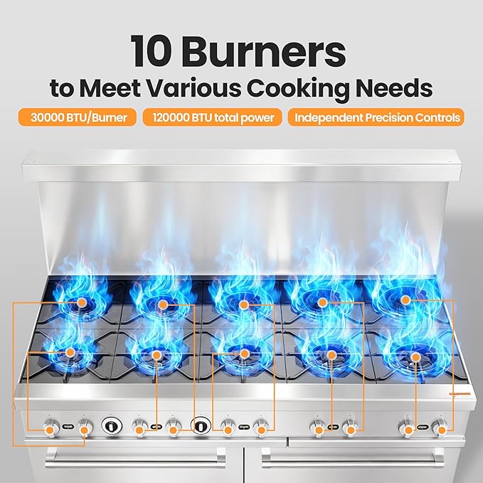 Commercial 60" Gas Range with Convection Oven, 10 Open Burners and Under Full Size Oven 300000 BTU & 33000 Static Oven,NG/LPG Conversion kit, Manual Gas Valve,Freestanding Gas Range for Restaurants