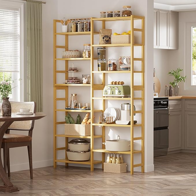Homykic Double Wide Bamboo Bookshelf, 6-Tier Large Open Bookcase with 12 Display Shelves, 6ft Tall Freestanding Book Shelf for Home Office, Bedroom, Living Room, Plants, Natural