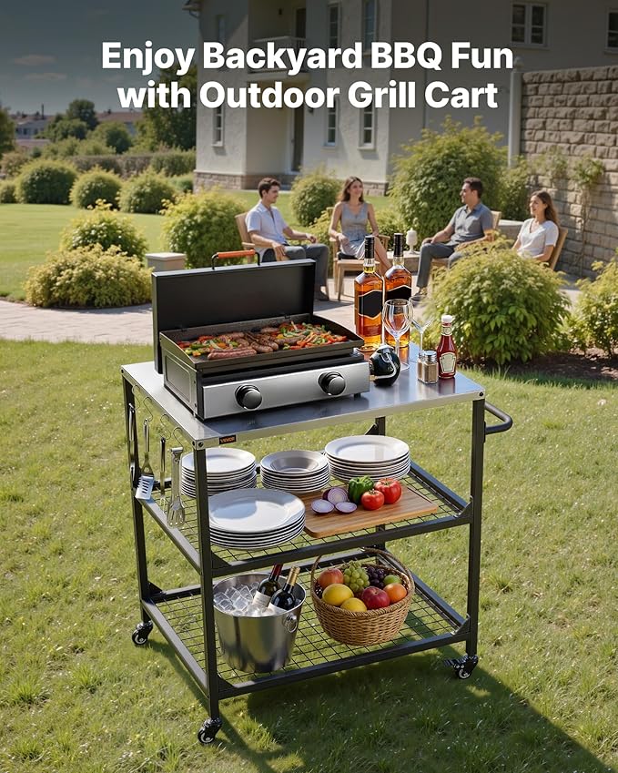 VEVOR Outdoor Grill Cart, 31.5 x 24.0 inch Stainless Steel Tabletop Size Grilling Table, Outdoor Cooking Table with 4 Wheels & Side Handle, Two Mesh Shelves, BBQ Prep Tables for Patio, Garden