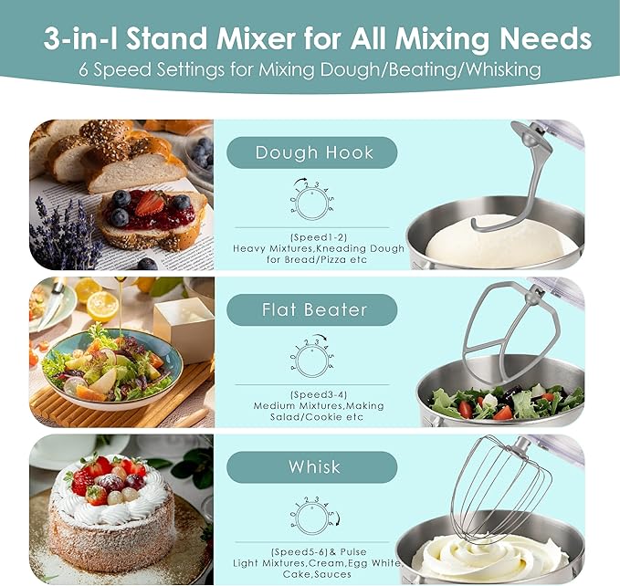 Kitchen in the box Stand Mixer - 8.5 Quart Mixing Bowl with Handle, 900 Watt Heavy Bread Dough Standing Mixers Tilt-head with Dough Hook, Whisk, Flat Beater and Splash Guard (Blue)