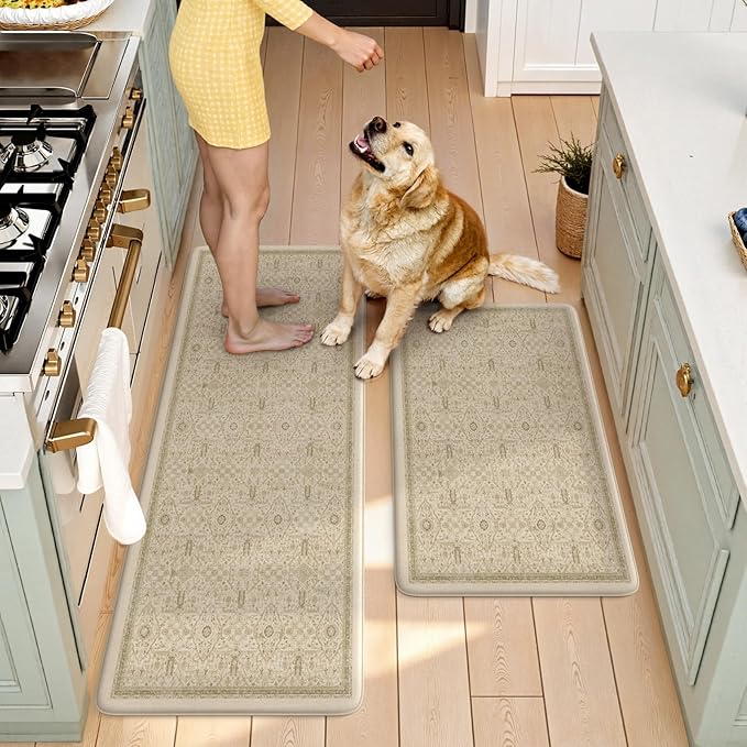 KIMODE Kitchen Mats for Floor Cushioned Anti Fatigue,Boho Farmhouse Kitchen Rugs Sets of 2,Cushioned Floor Mats Non Slip,Memory Foam Kitchen Mat for Laundry Sink Office Home,Khaki