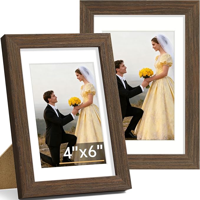 Vittanly 4x6 Picture Frame Set of 2, Solid Wood Frame for Wall or Tabletop, Display Photo 3.5x5 with Mat or 4x6 without Mat, Brown