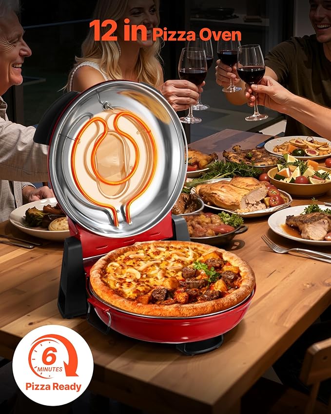 VEVOR Pizza Oven, 12 in Electric Pizza Maker, 1200W Electric Pizzas Cooker with Cordierite Stone, 5-Mode Temperature Control, Viewing Window for Precise Cooking, Heats up to 788 ˚F, for Home (Red)