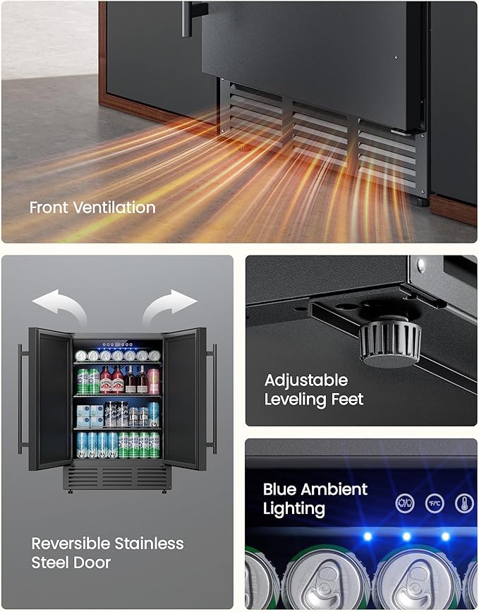 24 Inch Beverage Refrigerator, 180 Can Under Counter Fridge, Stainless Steel Beer Fridge for Built-in & Freestanding, Outdoor Refrigerator for Soda, Beer, Wine (Black)