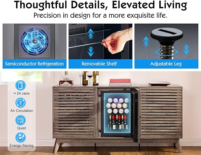 60" Bar Cabinet with Built-in Mini Fridge, Wine & Coffee Storage Sideboard with Beverage Cooler for Home Bar, Living Room or Office, Grey
